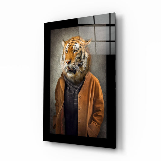 Surreal tiger-in-suit gentleman glass wall art