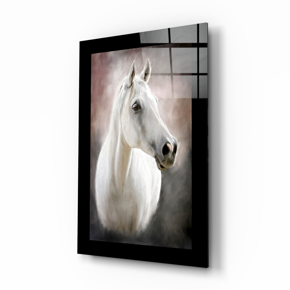 White horse painterly glass wall art