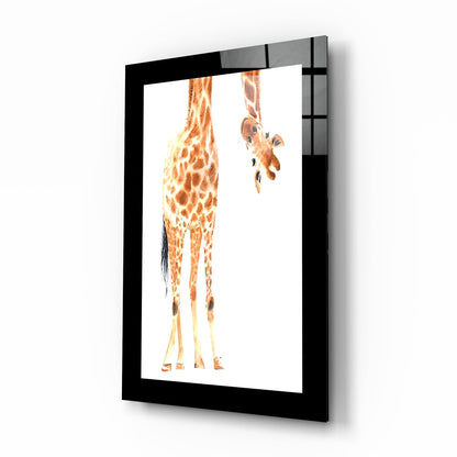 Curious giraffe watercolor glass wall art with polished finish