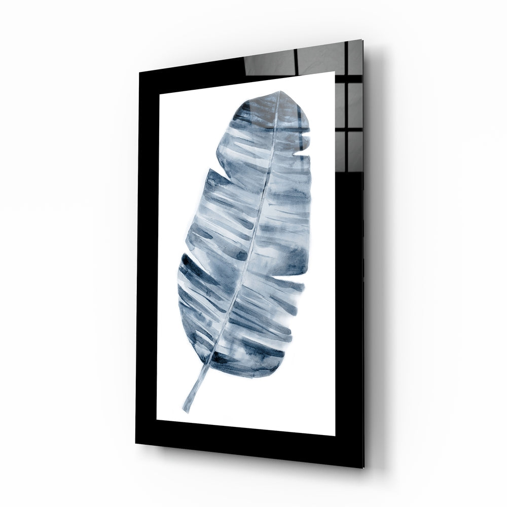 Navy watercolor palm leaf glass wall art