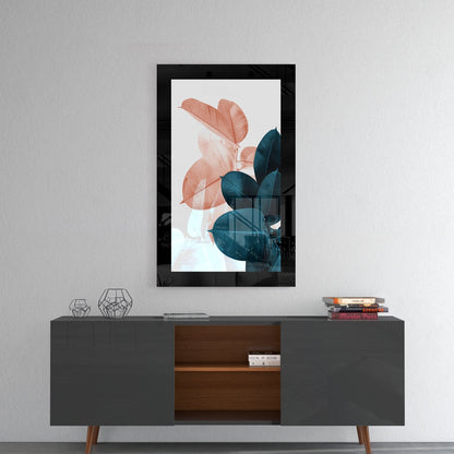 Coral & Teal Fig Leaf Glass Wall Art