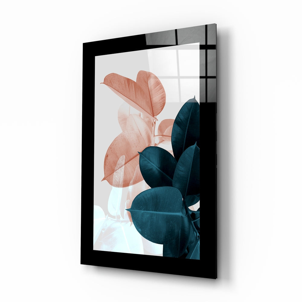 Coral and teal fig leaf glass wall art botanical print