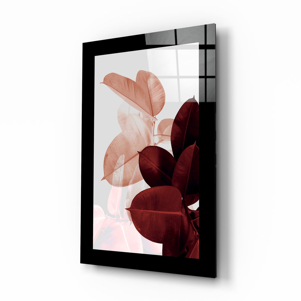 Coral and maroon fig leaf glass wall art botanical print