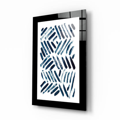 Blue Lines glass wall art with indigo and cobalt herringbone brushstrokes