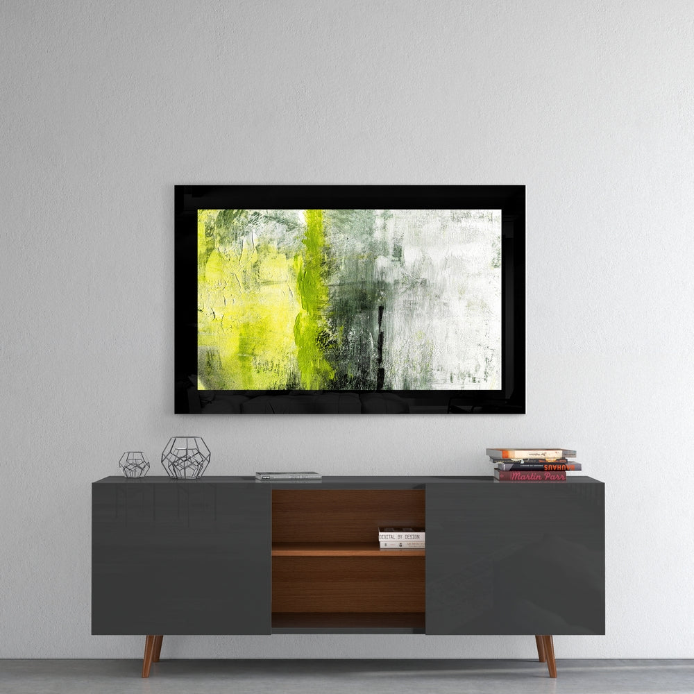 Lime Yellow and Gray Textured Abstract Glass Wall Art