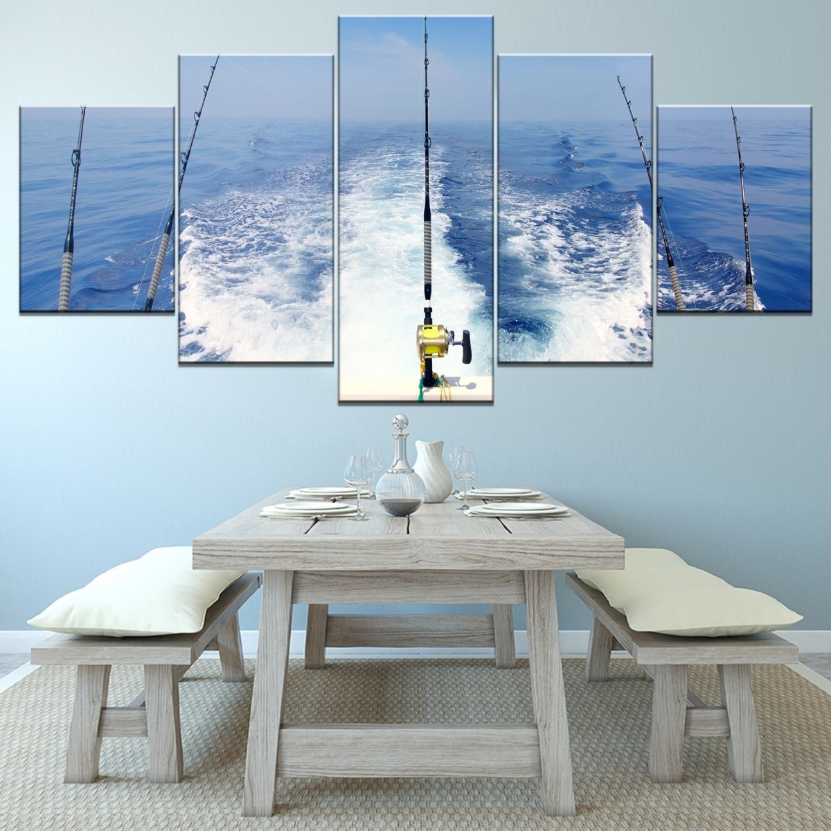 Deep sea fishing 5-piece canvas wall art set with ocean scene, gallery-wrapped ready to hang