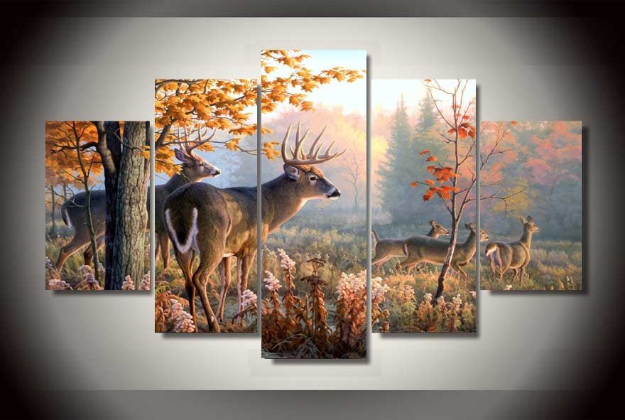 Deer In Forest Hunters five-piece canvas wall art set with woodland scene for cabin decor