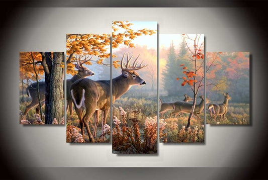 Deer In Forest Hunters five-piece canvas wall art set with woodland scene for cabin decor
