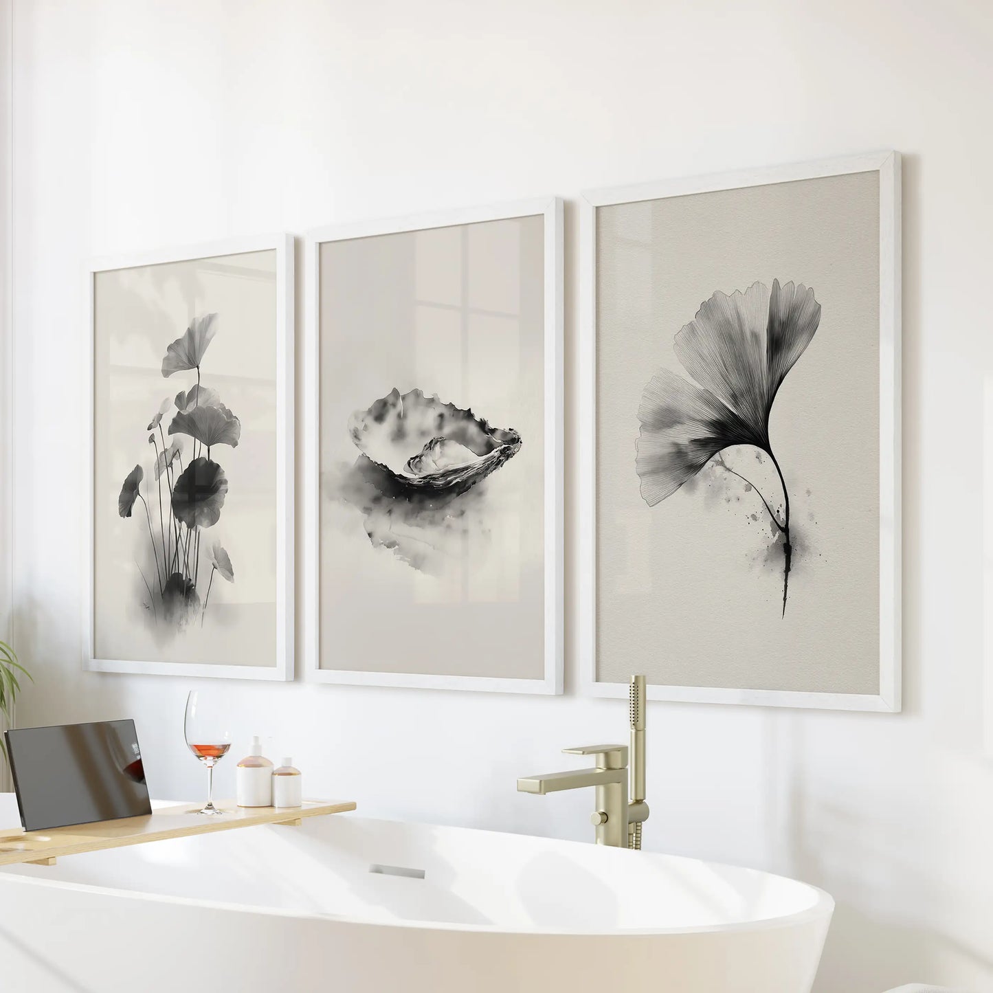 Japanese Botanical Wall Art Set of 3 Black and White Flowers