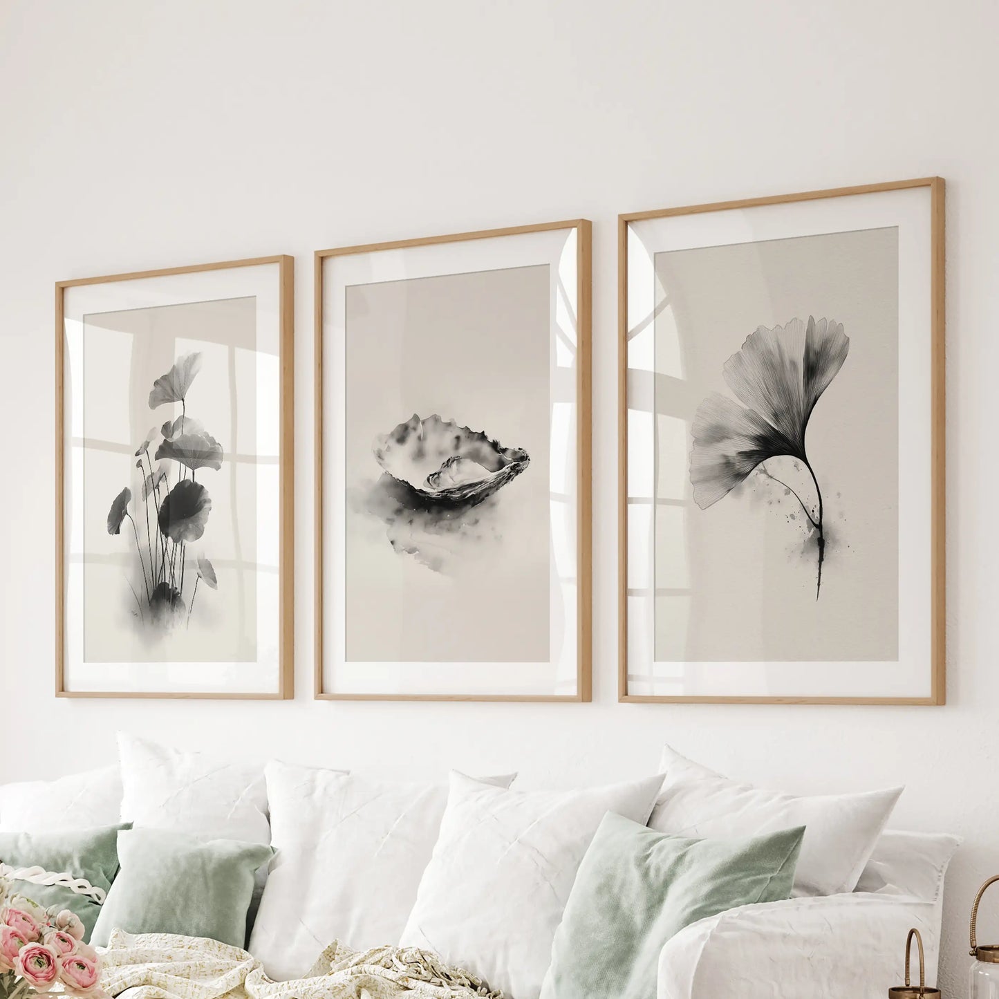 Japanese Botanical Wall Art Set of 3 Black and White Flowers