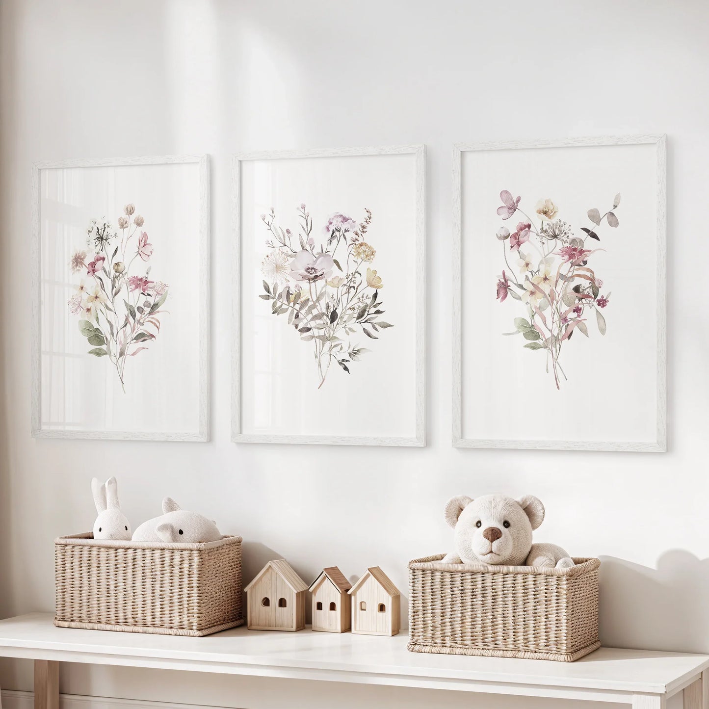 Wildflower Wall Art Set of 3 Watercolor Bouquet Prints