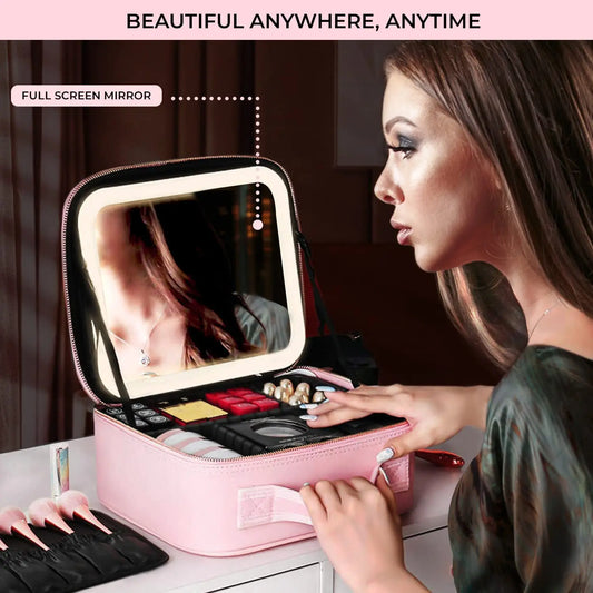 Makeup Organizer Bag with Light-Up Mirror – Travel-Ready Beauty Station with Adjustable Dividers & LED Lighting