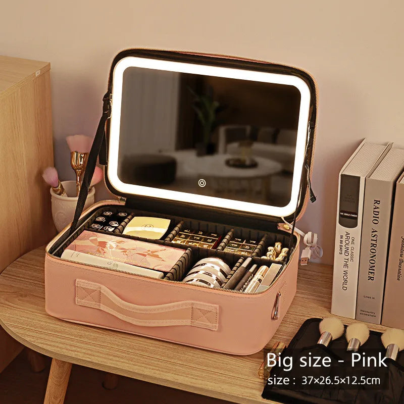 Makeup Organizer Bag with Light-Up Mirror – Travel-Ready Beauty Station with Adjustable Dividers & LED Lighting