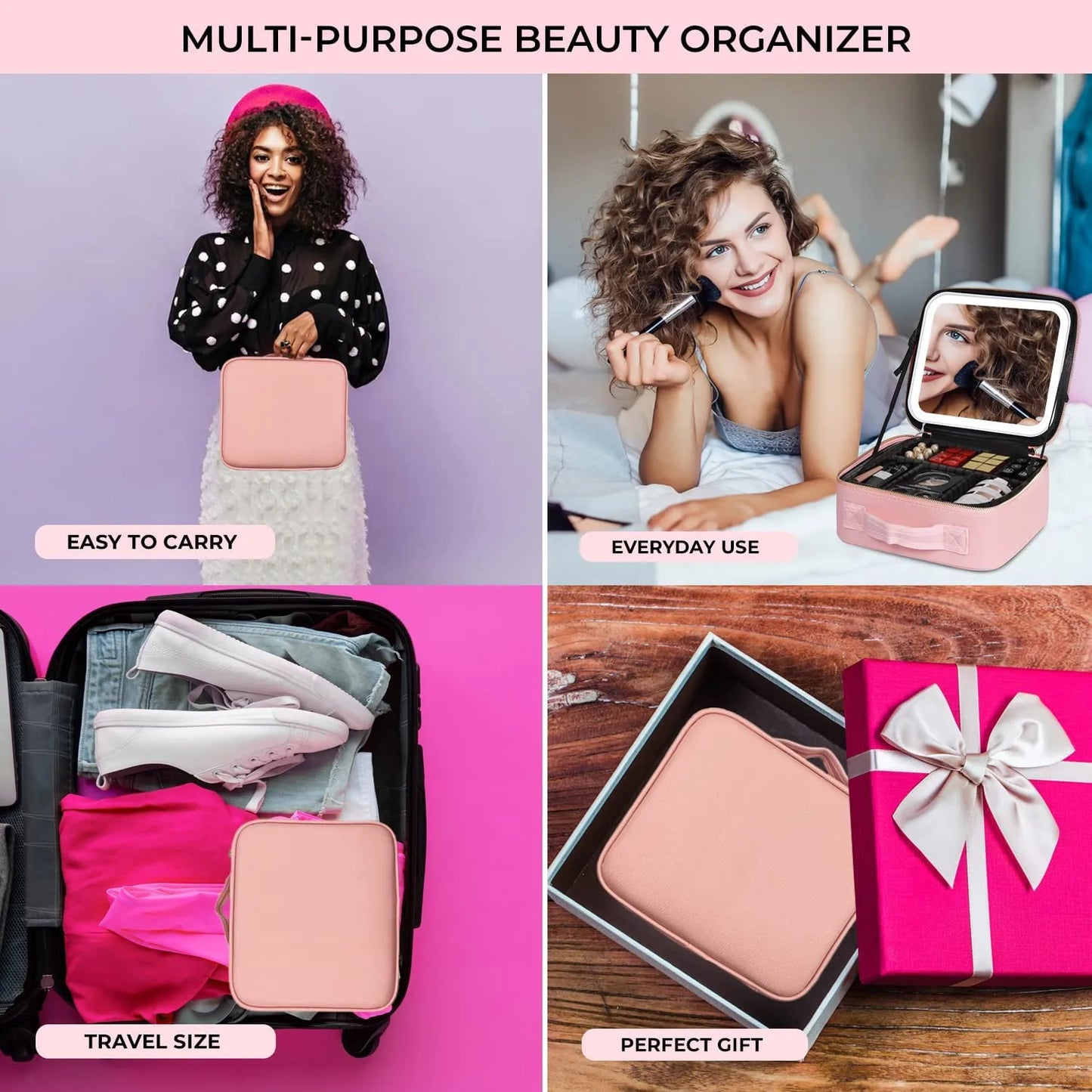 Makeup Organizer Bag with Light-Up Mirror – Travel-Ready Beauty Station with Adjustable Dividers & LED Lighting