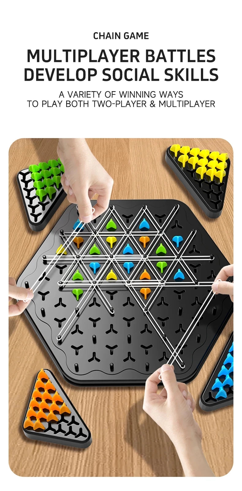 Two hands playing a chain game on a wooden table with colorful game pieces.