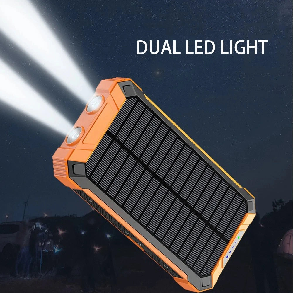 dual LED flashlight on solar wireless power bank