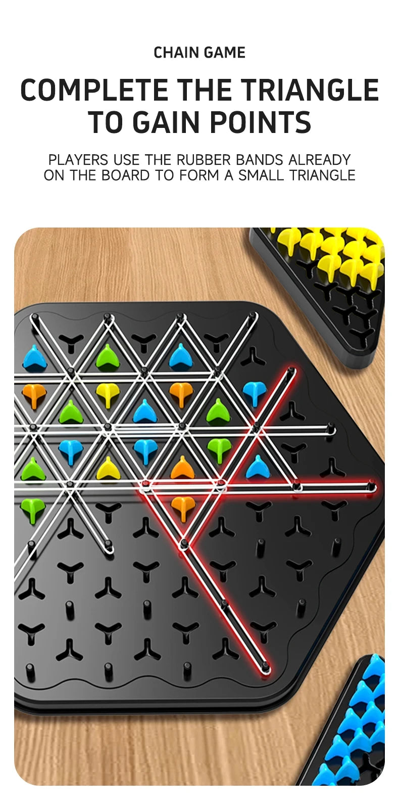Board game with rubber band puzzle on a wooden surface