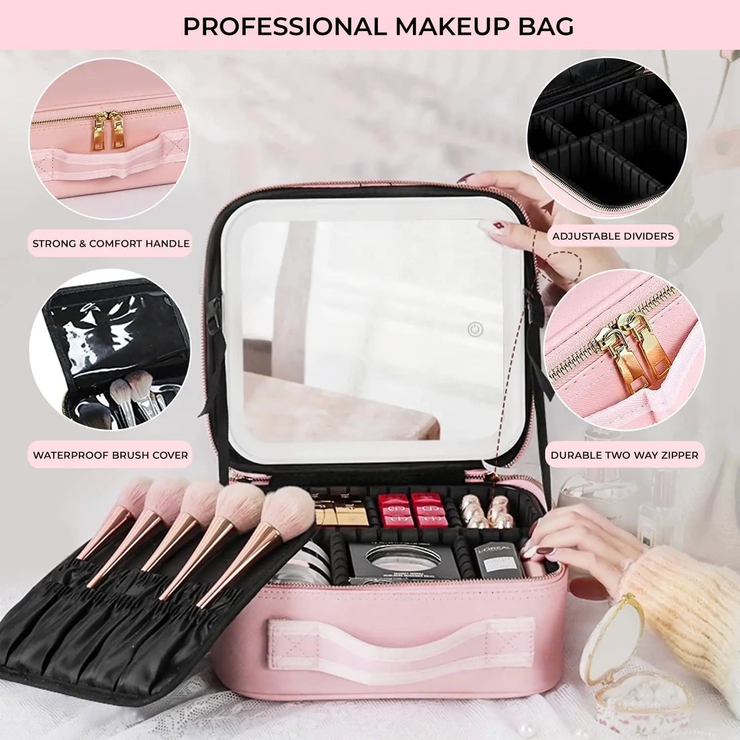 Makeup Organizer Bag with Light-Up Mirror – Travel-Ready Beauty Station with Adjustable Dividers & LED Lighting