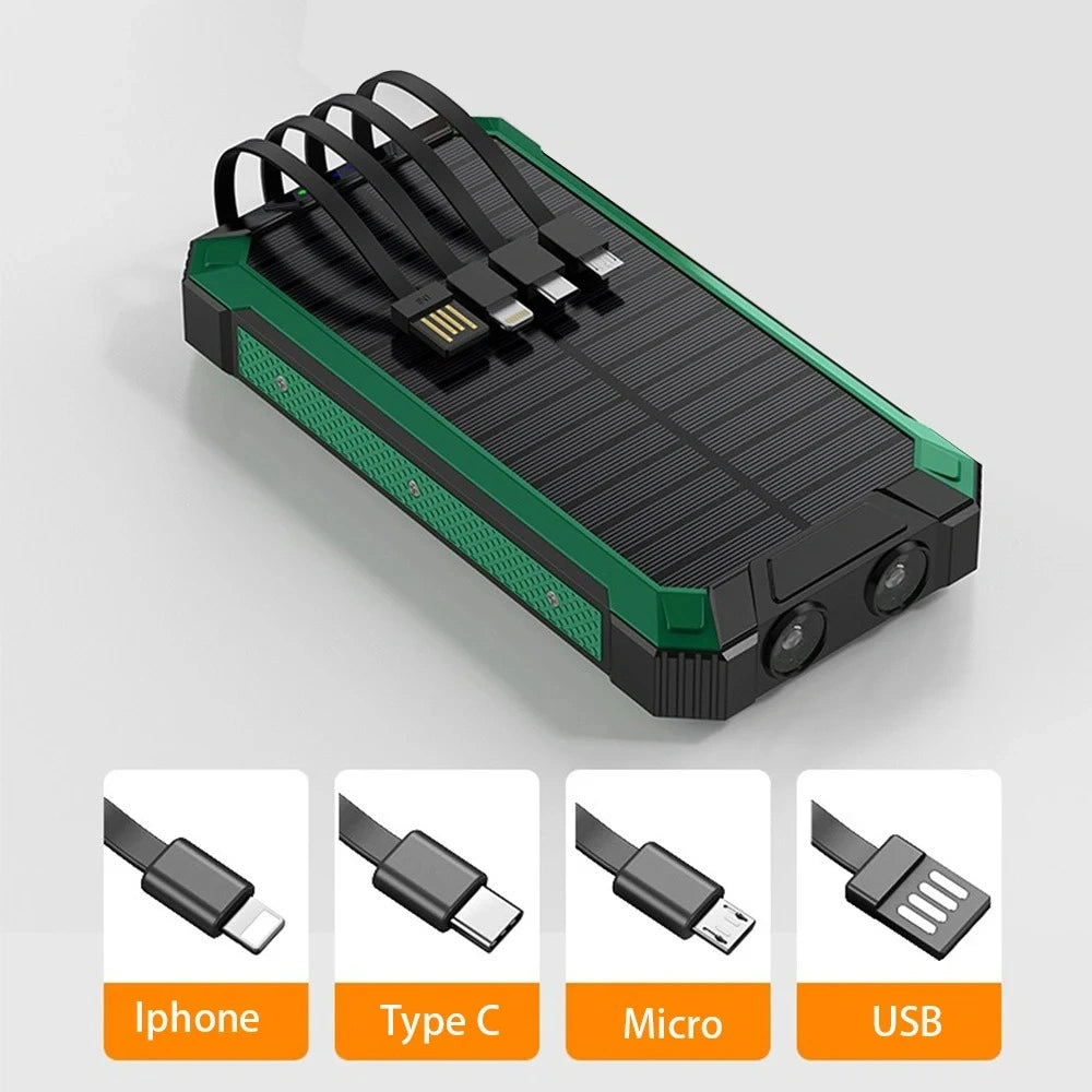 solar power bank with built-in cables and USB ports