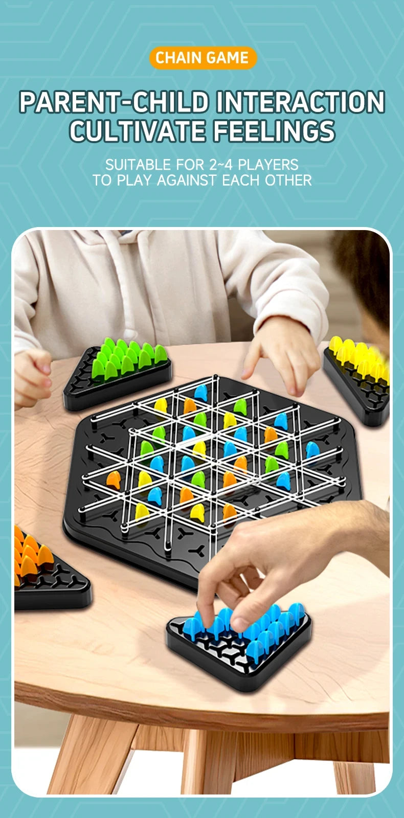 Two people playing a chain game on a wooden table with text about parent-child interaction.