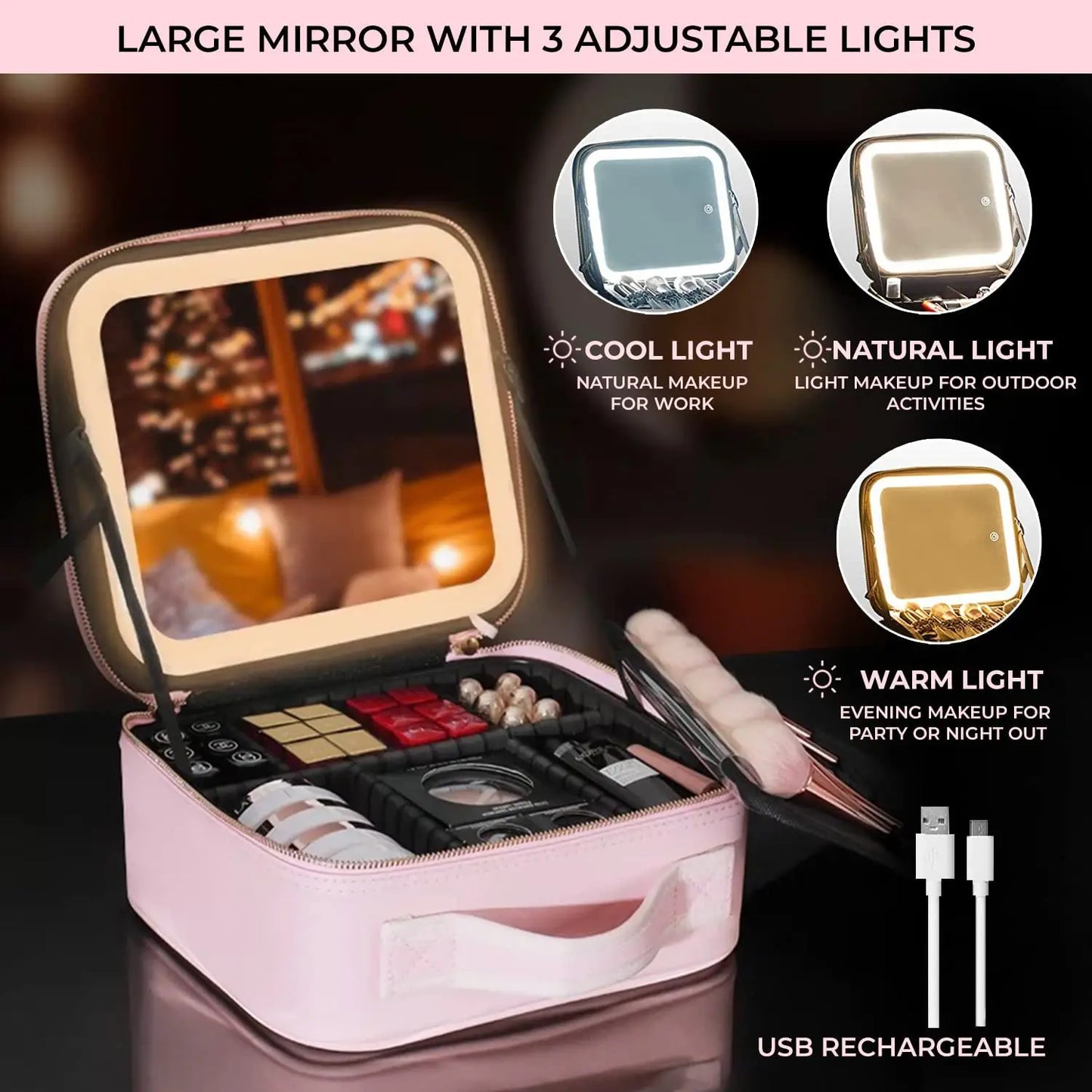 Makeup Organizer Bag with Light-Up Mirror – Travel-Ready Beauty Station with Adjustable Dividers & LED Lighting