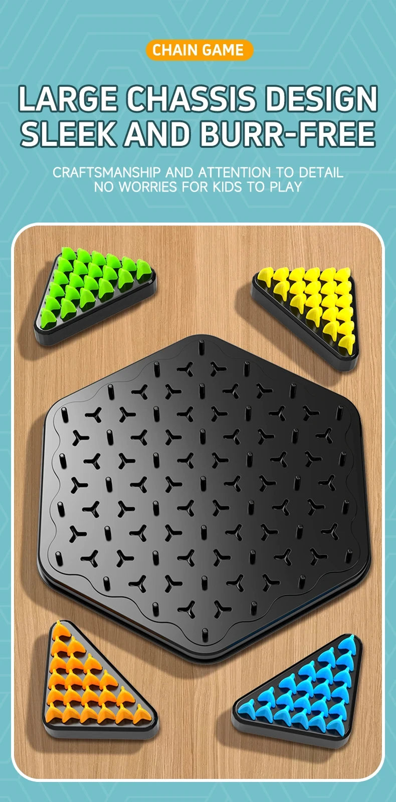 Hexagonal black mat with colorful triangular inserts on a wooden surface, featuring text about product features.