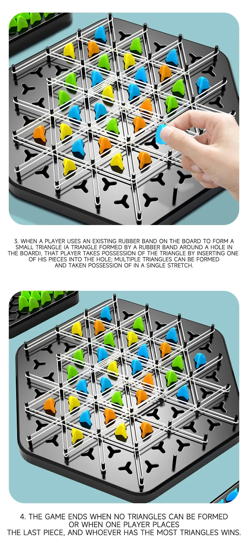 Board game with colorful triangular pieces on a grid