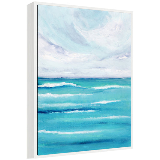 Evening ocean waves framed canvas wall art in deep blue coastal tones
