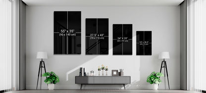 Size guide showing 35x55, 27.5x43, 24x35 and 18x28.5 inch glass pieces on a wall above a gray console between two lamps