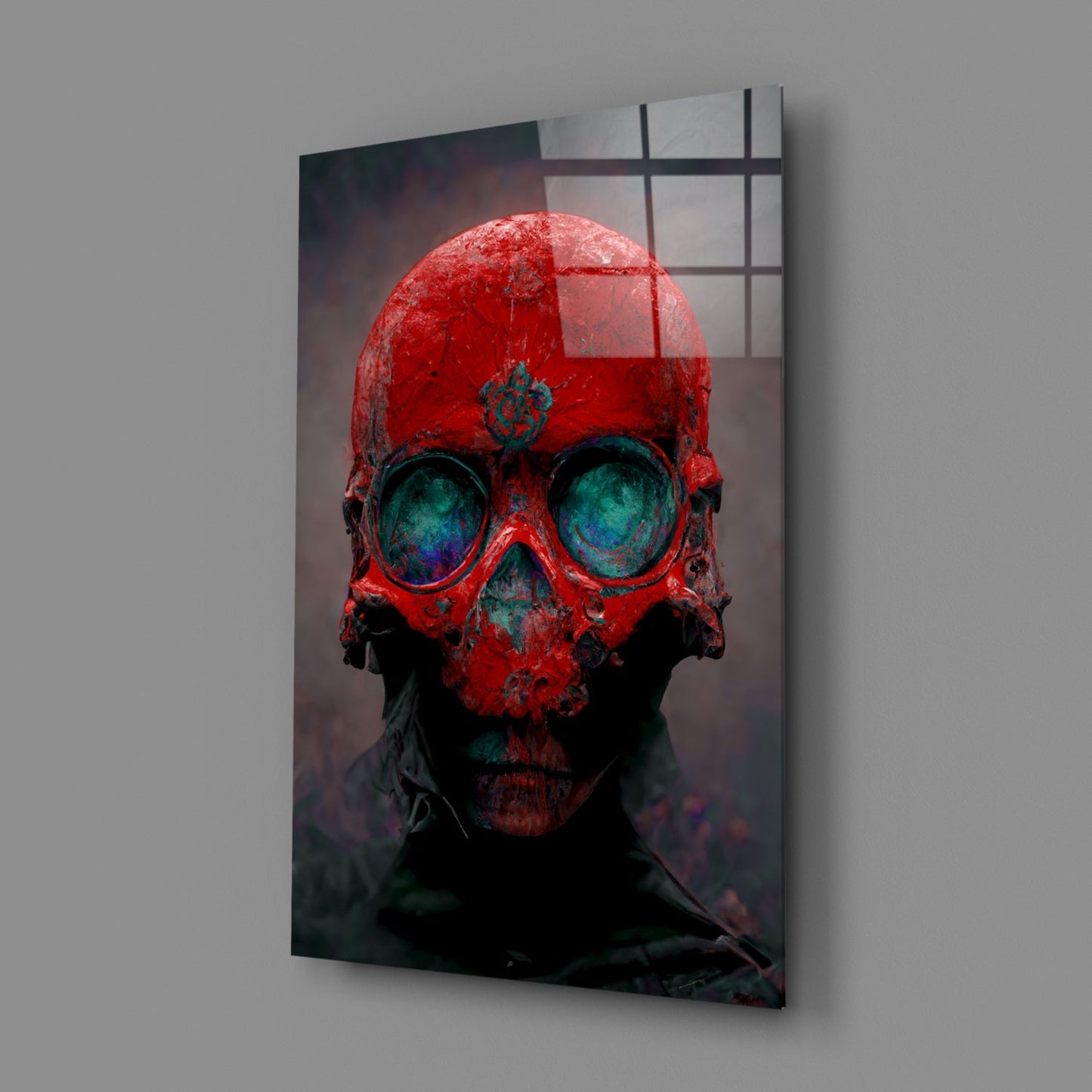 Skull Crimson and Teal Glass Wall Art