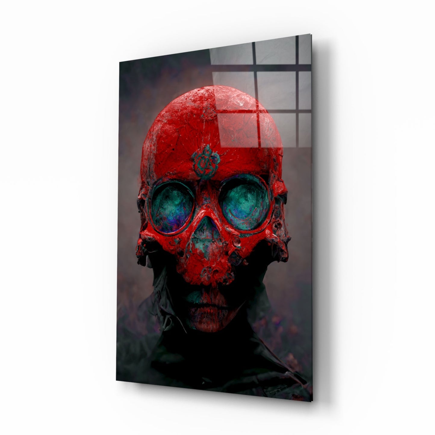 Skull Crimson and Teal Glass Wall Art