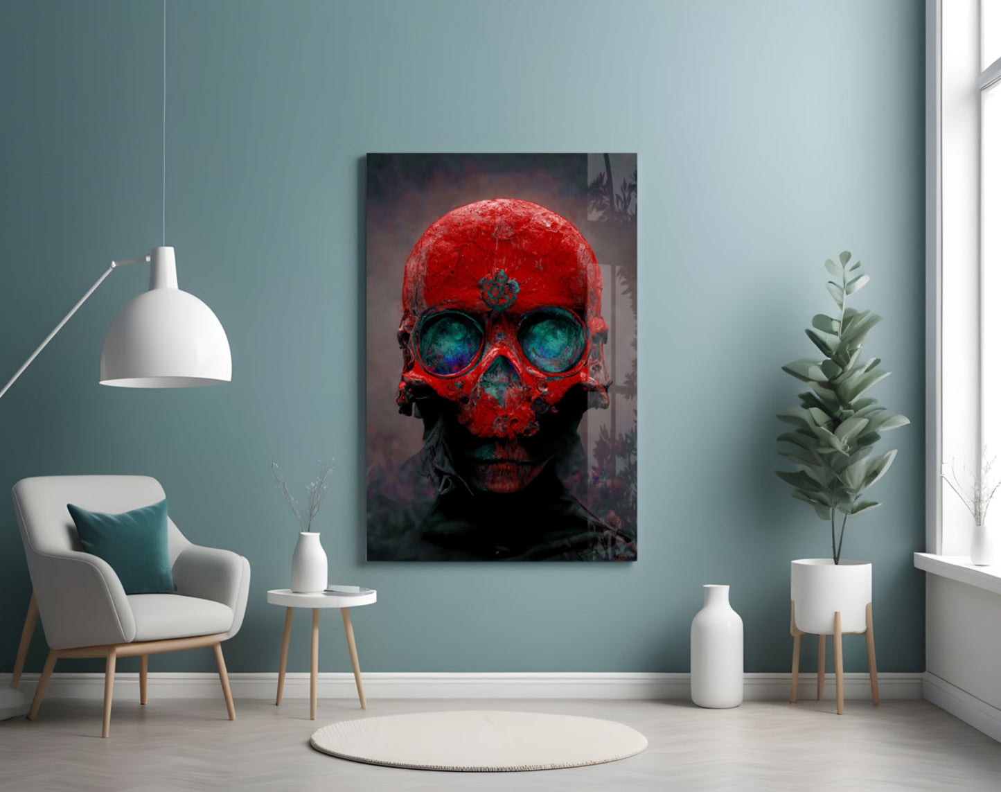 Skull Crimson and Teal Glass Wall Art
