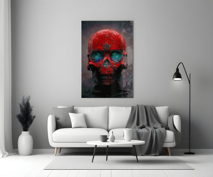 Skull Crimson and Teal Glass Wall Art