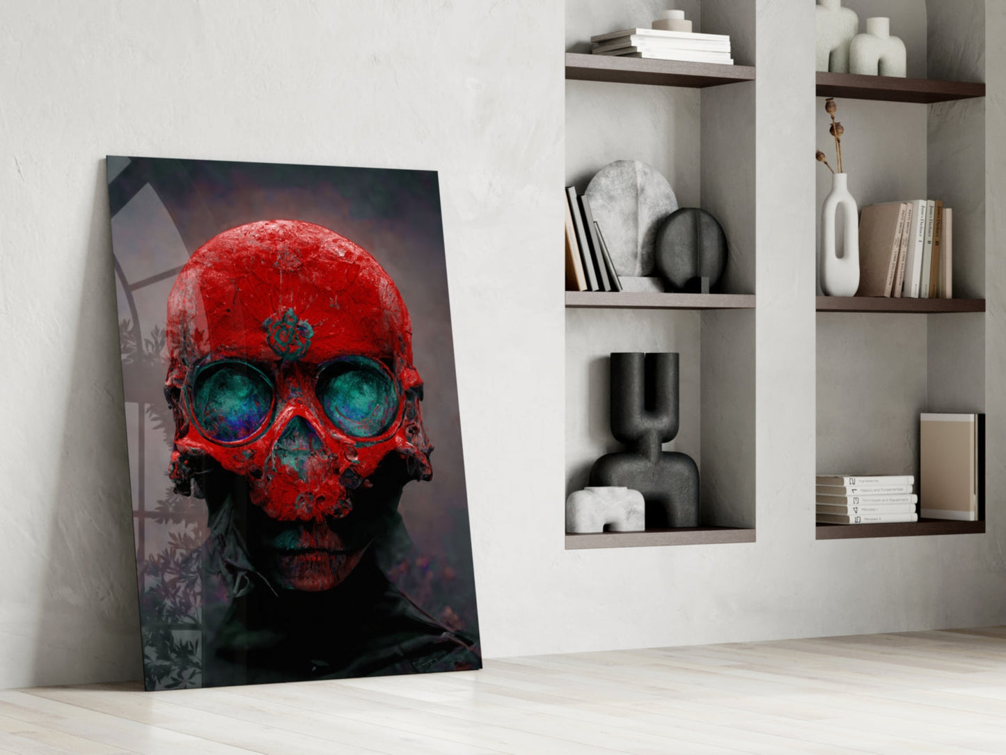 Skull Crimson and Teal Glass Wall Art