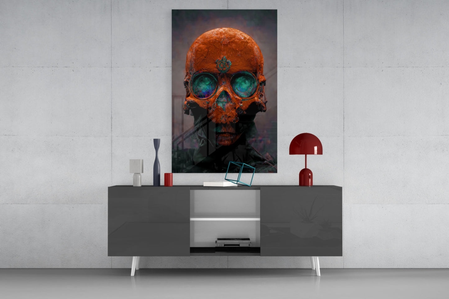 Skull Rust and Teal Glass Wall Art