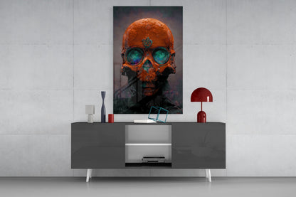 Skull Rust and Teal Glass Wall Art