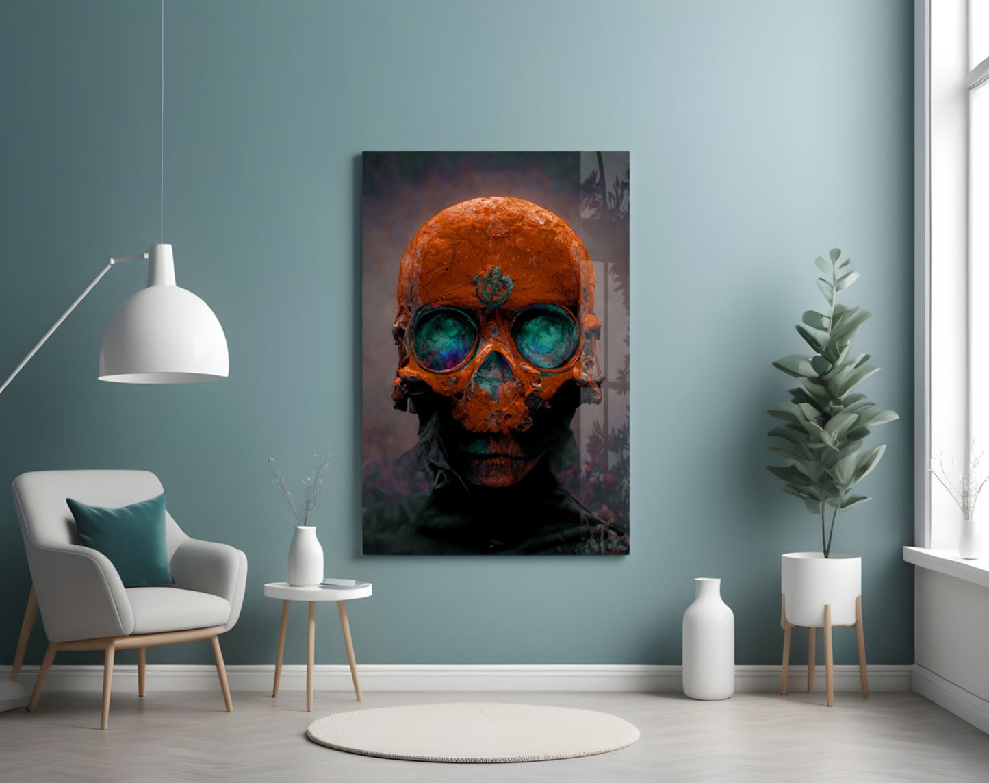 Skull Rust and Teal Glass Wall Art
