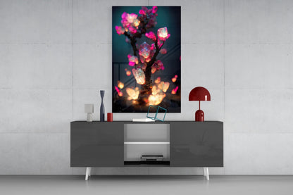Fire Blooms Magenta Glass Wall Art