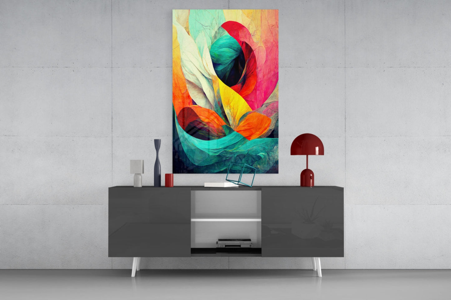 Hidden Swan Crimson Bloom Glass Wall Art