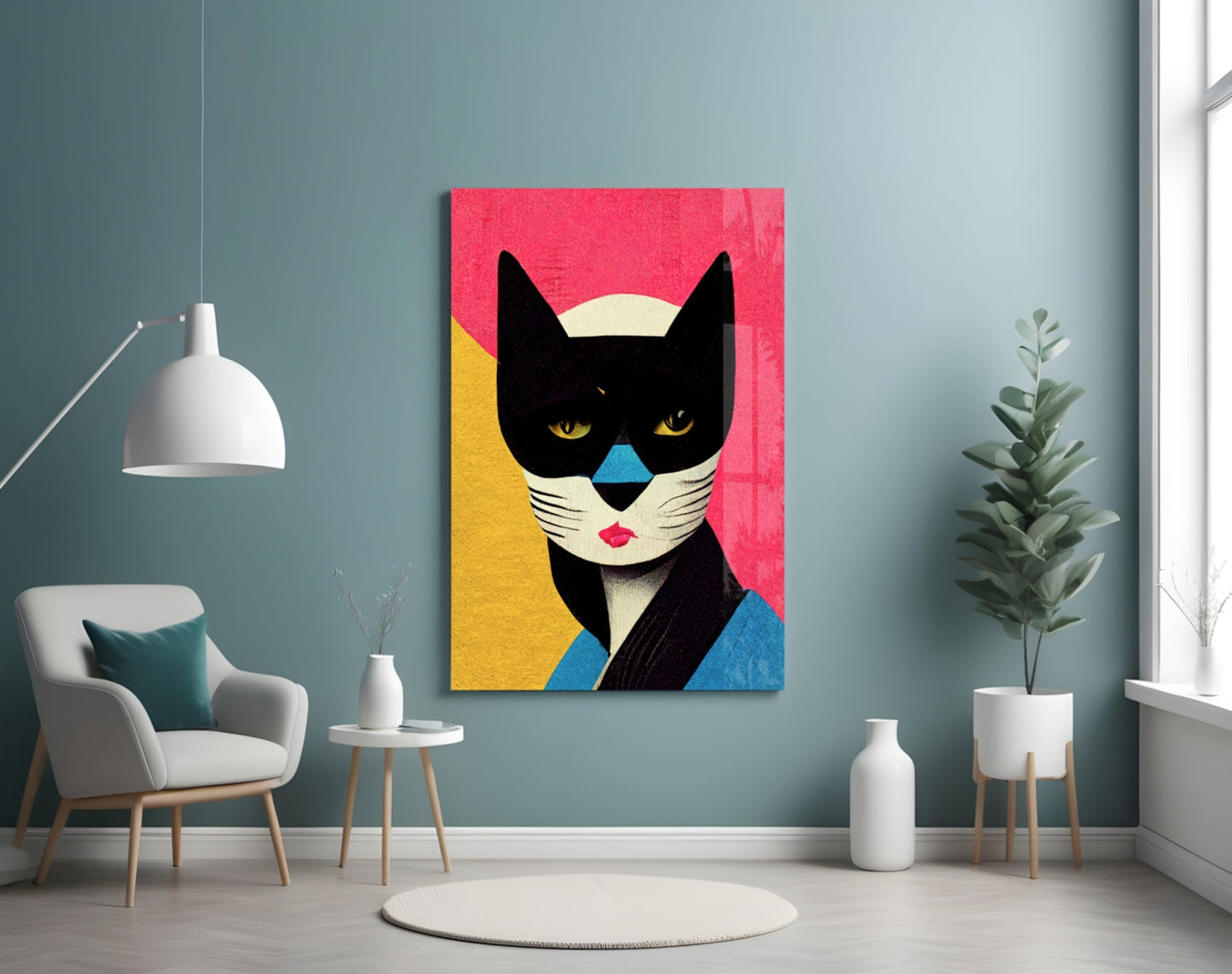 Masked Tuxedo Cat Glass Wall Art