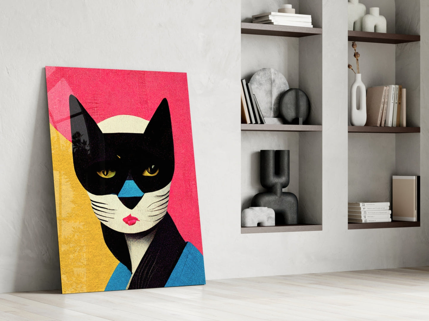 Masked Tuxedo Cat Glass Wall Art