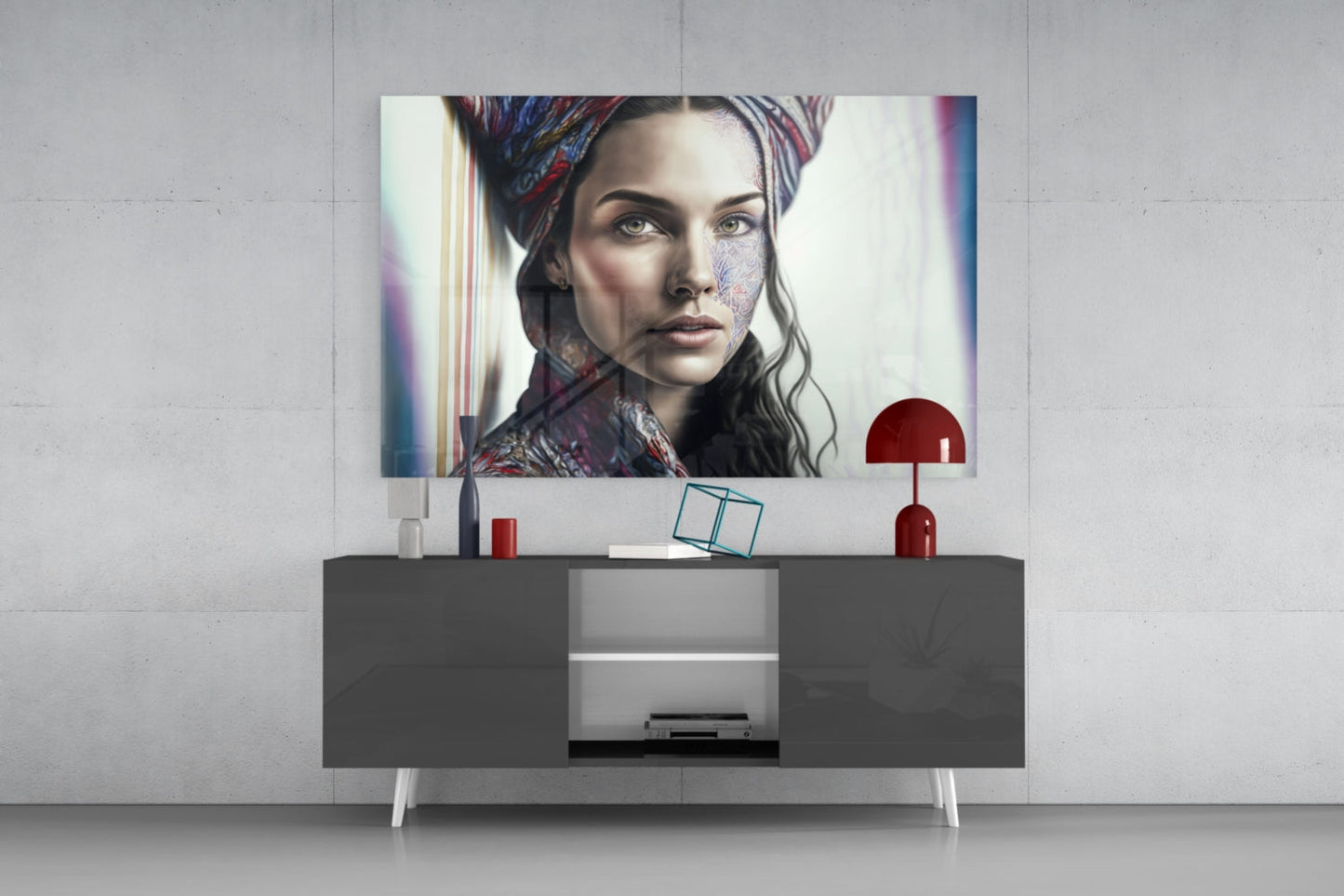 Crimson Scarf Portrait Glass Wall Art