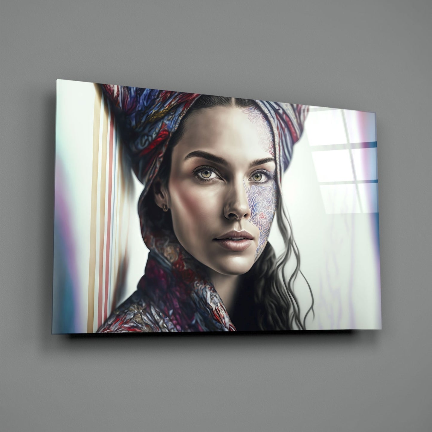Crimson Scarf Portrait Glass Wall Art