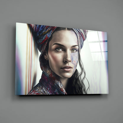 Crimson Scarf Portrait Glass Wall Art