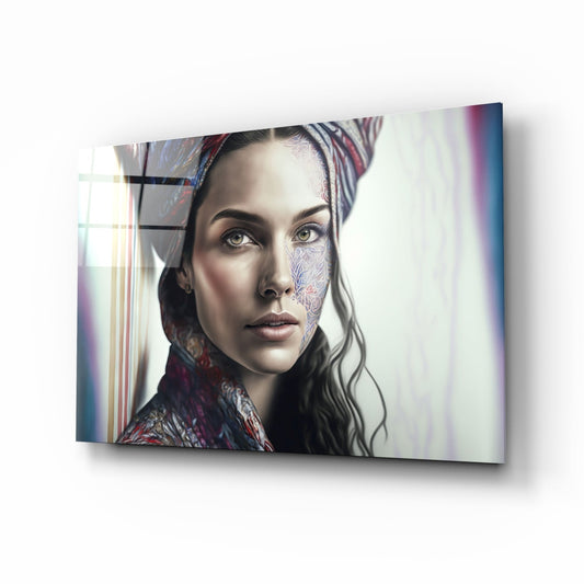 Crimson Scarf Portrait Glass Wall Art