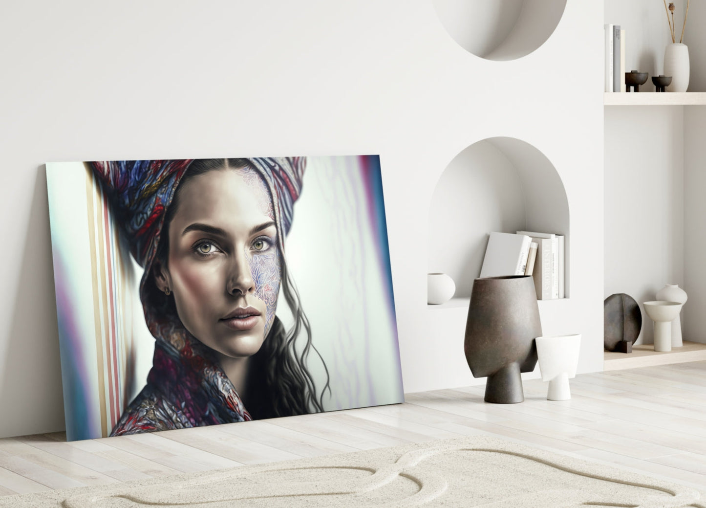 Crimson Scarf Portrait Glass Wall Art