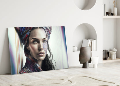 Crimson Scarf Portrait Glass Wall Art