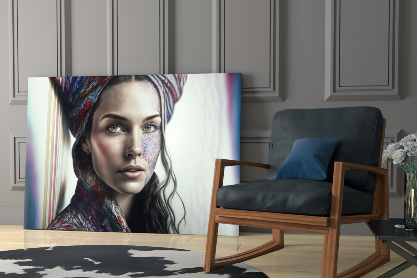 Crimson Scarf Portrait Glass Wall Art
