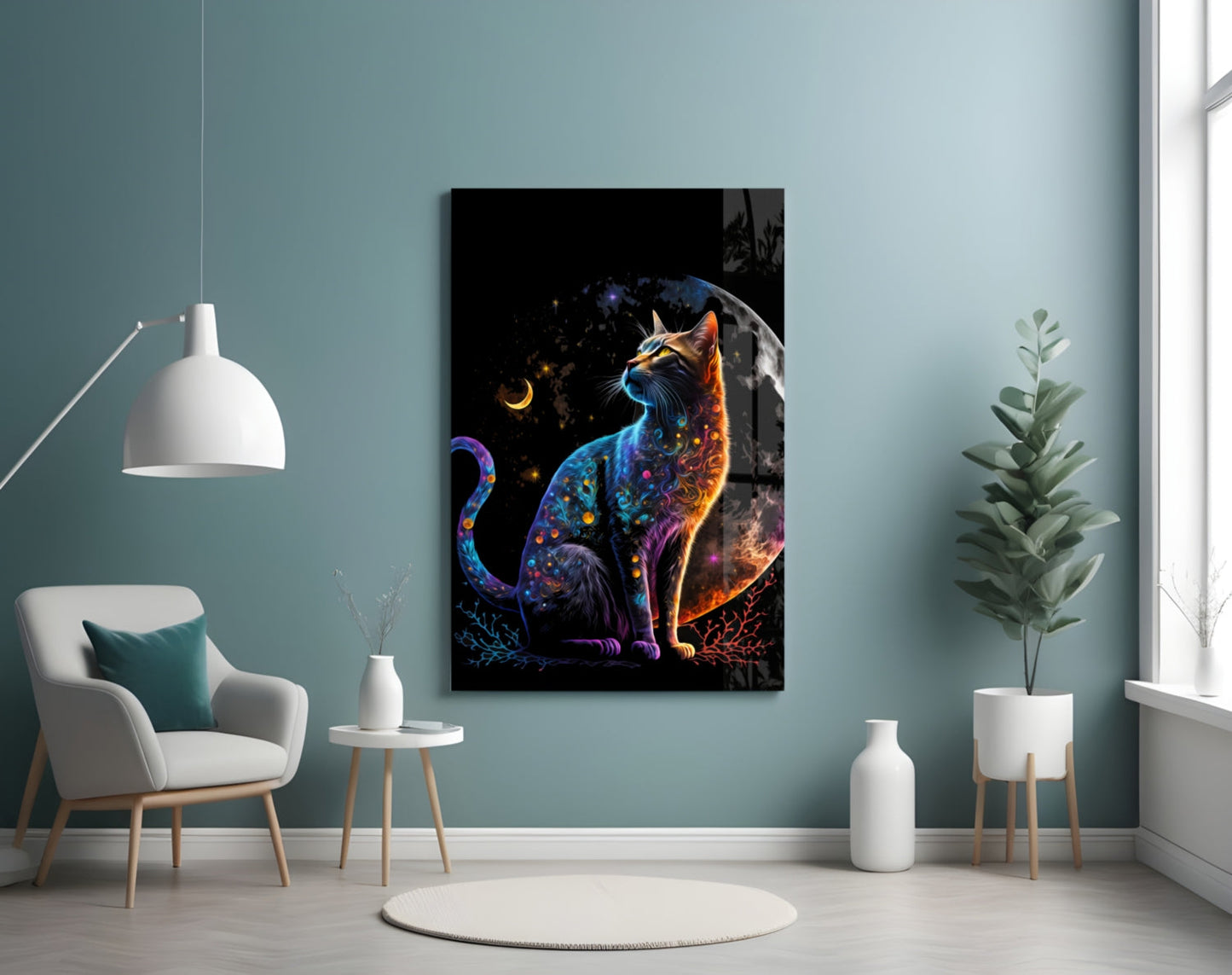 Moon Cat Crescent Glass Wall Art