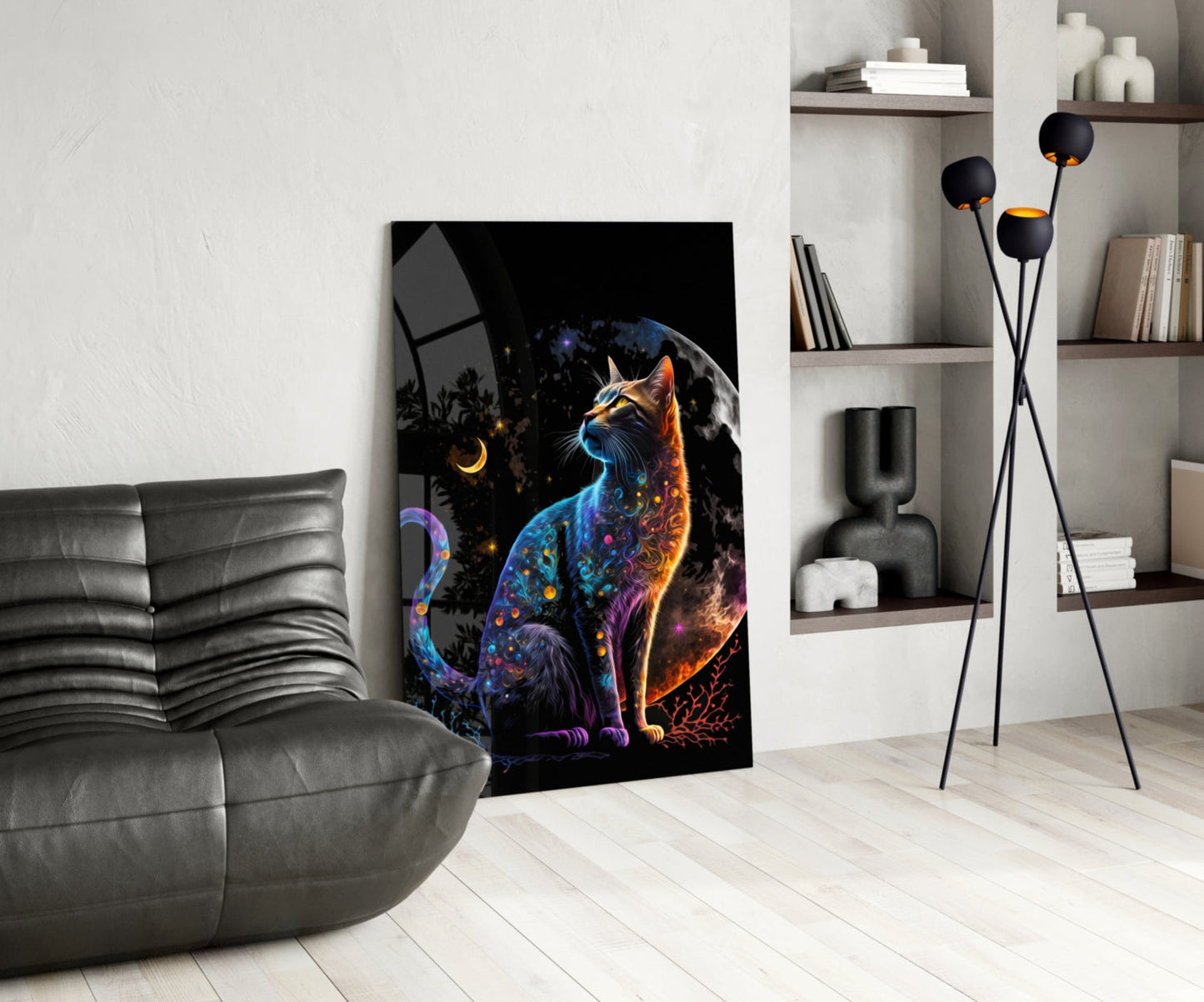 Moon Cat Crescent Glass Wall Art